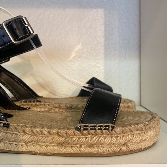 Urban Outfitters Black Leather Espadrille Sandals Ankle Strap Jute Sole Summer - Picture 7 of 14